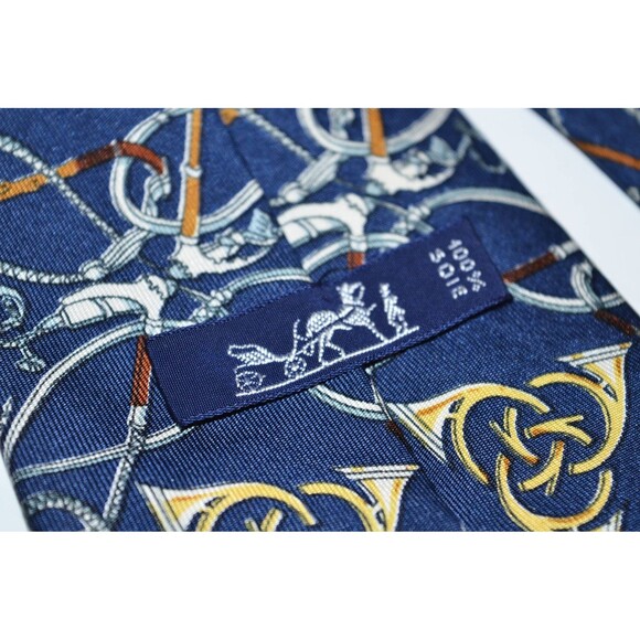 Vintage Hermes Blue Gold Equestrian? Tie 100% Silk Made in France - Picture 6 of 9